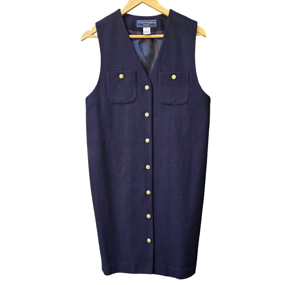 Norton McNaughton Vtg 90s Preppy Academia Wool Button-Up Mini Dress 8P Navy Gold